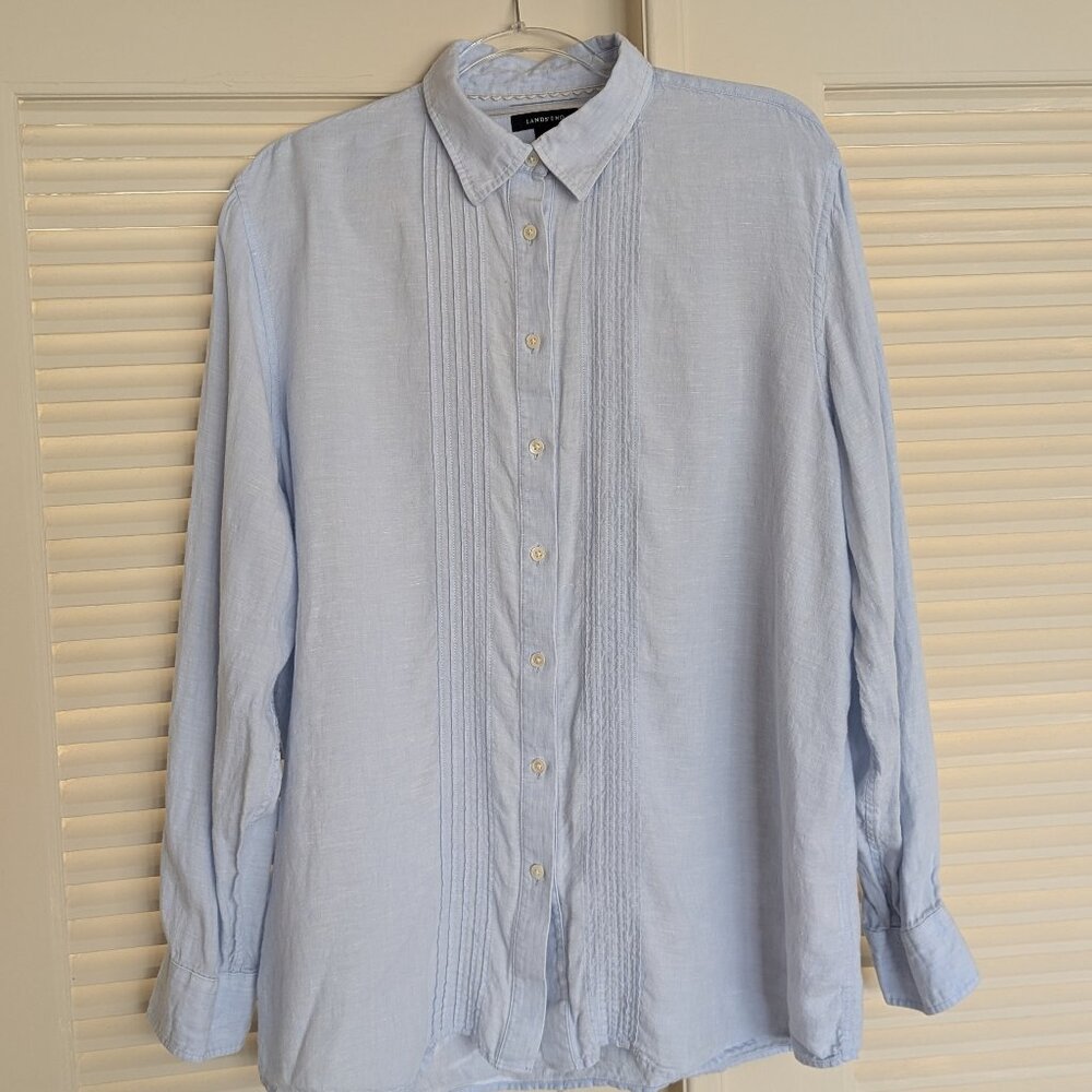 Lands' End 100% Linen Button Down Shirt w/ Pintuck Detailing Size XL Light Blue